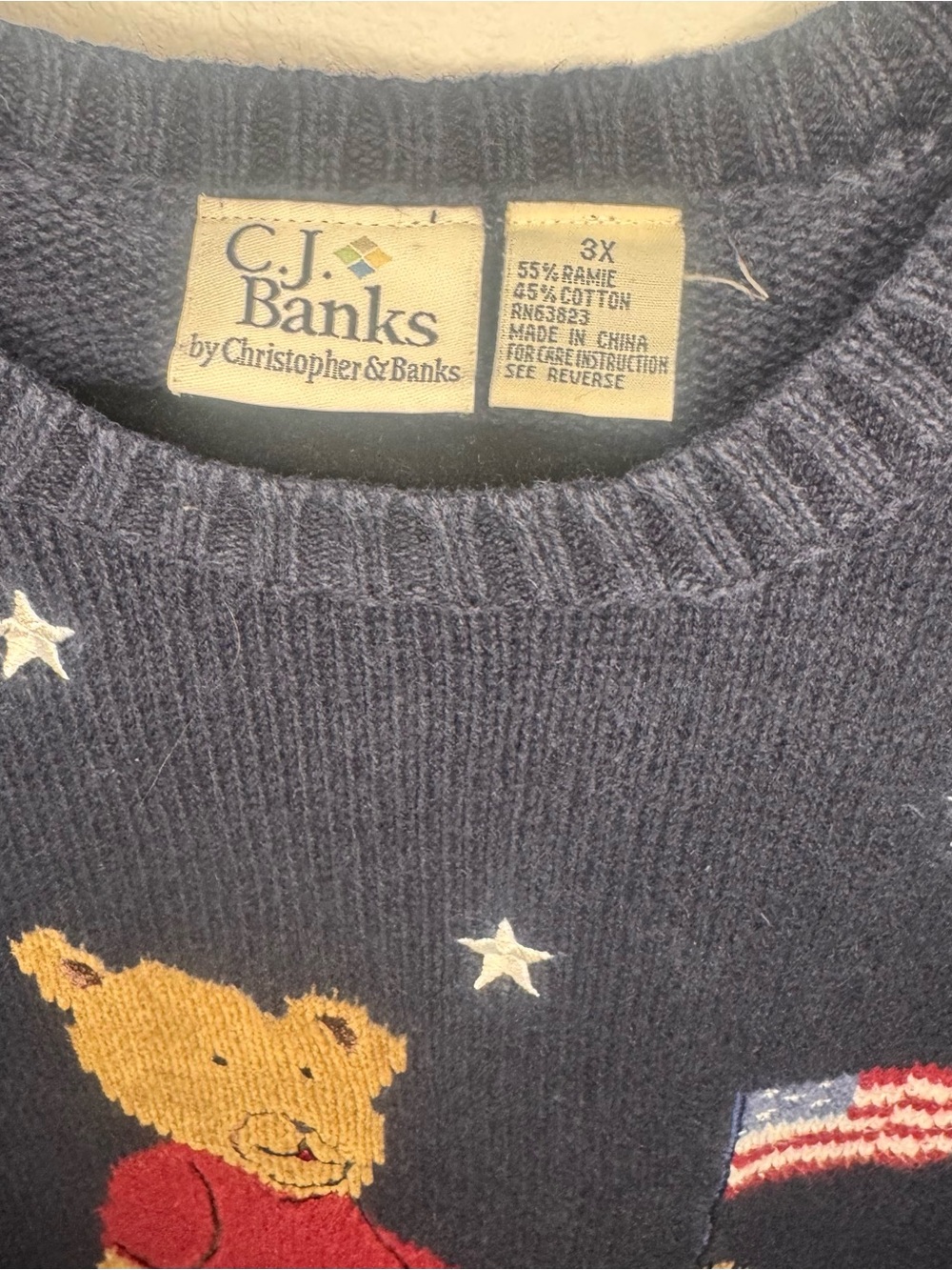 Vintage 2001 C.J. Banks Patriotic Teddy Bear Sweater Navy 3X - Picture 2 of 7